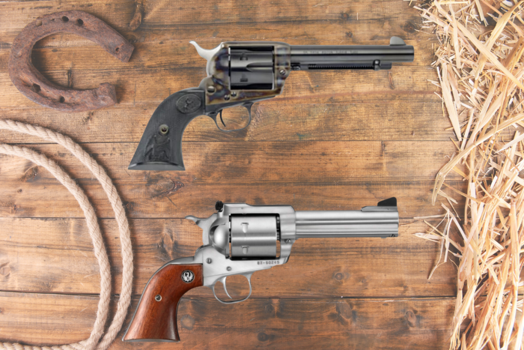 single-action-revolver | The Marksman Indoor Shooting Range wooden background with lasso showcasing single action revolver types